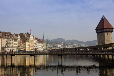 View of Chapel Bridge and lake Lucerne Switzerlandのeditorial素材