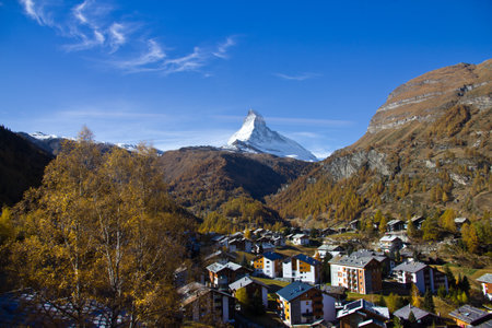 View of Zermatt town and Matterhorn peak, Switzerlandのeditorial素材