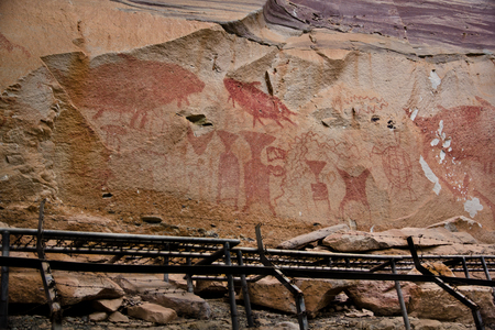 Prehistoric art paintings at cliff of Pha Taem, Ubon Rajchathani, Thailandの写真素材