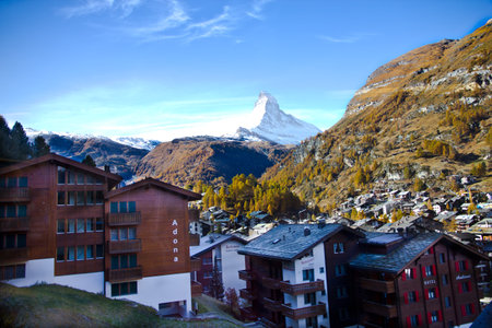 View of Zermatt town and Matterhorn peak, Switzerlandのeditorial素材