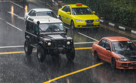 Bedok, Singapore - Oct 23,2010 : Singapore cars driving in rainy season on Bedok roadのeditorial素材
