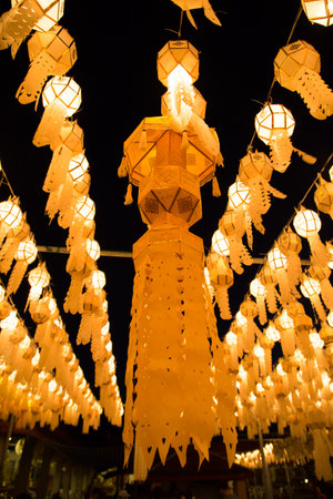 Lamphun, Thailand - October 27, 2017: Wat Phra That Hariphunchai decorated with lantern in Yee Peng festivalのeditorial素材