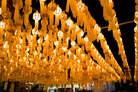 Lamphun, Thailand - October 27, 2017: Wat Phra That Hariphunchai decorated with lantern in Yee Peng festivalのeditorial素材