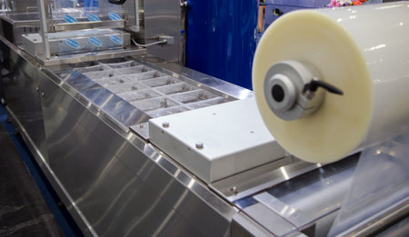 Bangkok, Thailand - Febuary 1, 2018: Linear tray food heat sealing and packing machine display in...