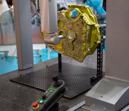 The multi-axis Coordinate Measuring Machine measuring engine housing automotive partのeditorial素材