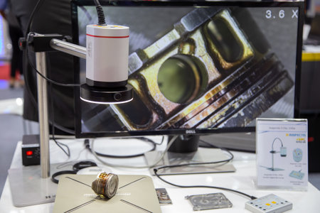 Bangkok, Thailand - November 23, 2018: Surface roughness evaluation of engine cylinder by optical microscope display in Metalex 2018のeditorial素材