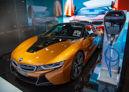 Nonthaburi, Thailand - December 4, 2018: BMW i8 Roadster with charging point presented in Motor Expo 2018のeditorial素材