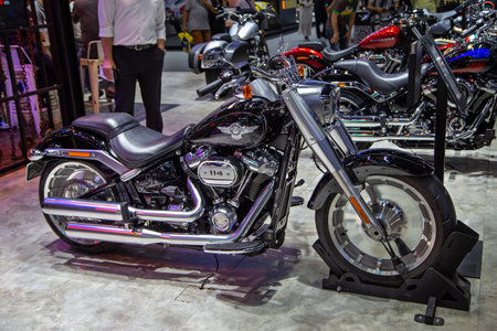 Nonthaburi, Thailand - December 4, 2018: Harley Davidson Fat Boy softail motorcycle presented in Motor Expo 2018のeditorial素材
