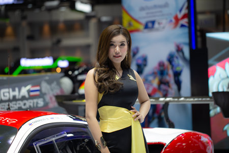 Nonthaburi, Thailand - December 4, 2018: Presenter pose with car in Motor Expo 2018のeditorial素材