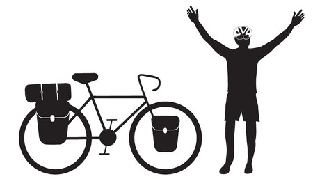 Cyclist raising his hand with bikepacking touring bike vectorのイラスト素材