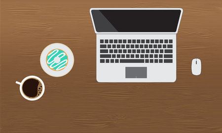 Computer notebook with donut and a cup of coffee on wooden deskのイラスト素材
