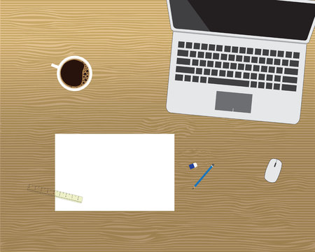 Computer notebook with note paper, stationary and a cup of coffee on wooden deskのイラスト素材