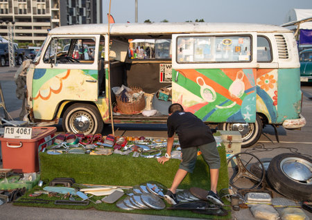 Bangkok, Thailand - February 9, 2019: VW van owner sell VW used spare parts at volkswagen club meeting in Siam VW festivalのeditorial素材