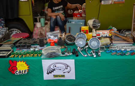 Bangkok, Thailand - February 9, 2019: VW van owner sell VW used spare parts at volkswagen club meeting in Siam VW festivalのeditorial素材