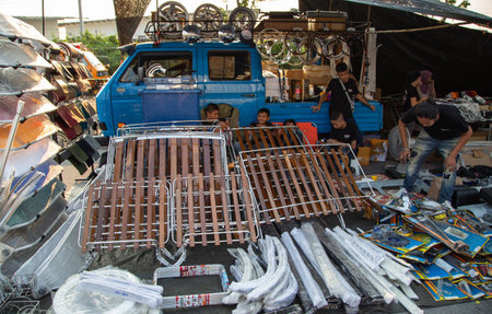 Bangkok, Thailand - February 9, 2019: VW truck owner sell VW used spare parts at volkswagen club meeting in Siam VW festivalのeditorial素材
