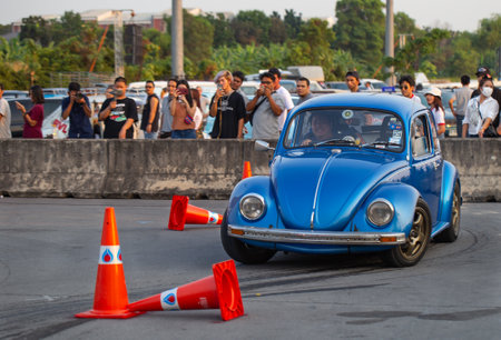 Bangkok, Thailand - February 9, 2019: Volkswagen beetle driver race gymkhana in volkswagen club meeting in Siam VW festivalのeditorial素材