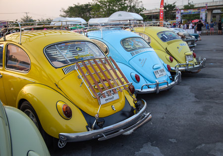 Bangkok, Thailand - February 9, 2019: Back view of 60's vintage Volkswagen beetle show at volkswagen...