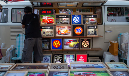 Bangkok, Thailand - February 9, 2019: Volkswagen van owner sell photo and collectible of volkswagen in Siam VW festivalのeditorial素材