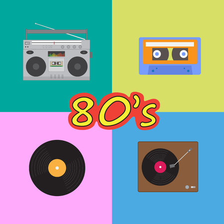 Vintage 80s cassette audio and vinyl record playerのイラスト素材