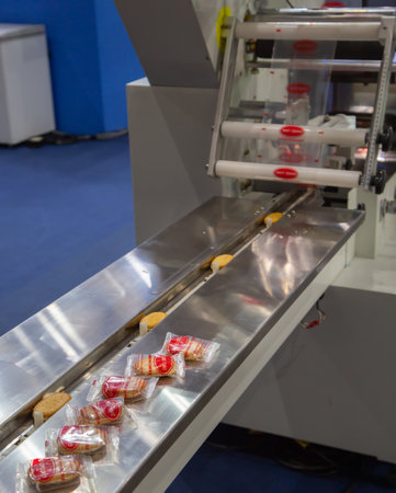 Bangkok, Thailand - February 13, 2019: Biscuit plastic packaging machine show in Food Pack Asia 2019