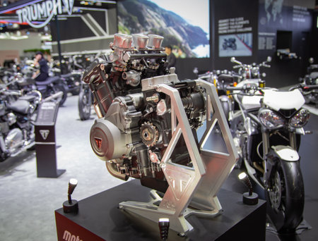 Nonthaburi, Thailand - April 3, 2019: Triumph Moto2 765 engine displayed in Motor Show 2019