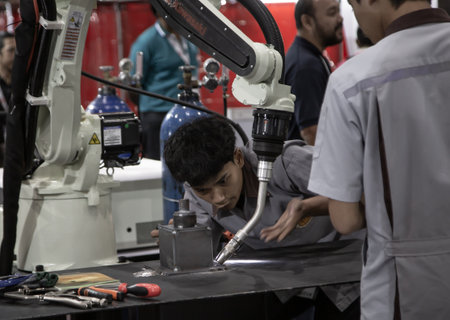 Bangkok, Thailand - May 10, 2019: Industrial technician operating robotic welding arm in Intermach 2019のeditorial素材