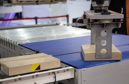 Robot arm loading carton on conveyor in manufacturing production line