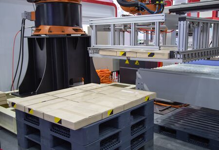 Robot arm loading carton on conveyor in manufacturing production lineの写真素材