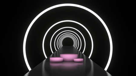 Abstract background glowing lines tunnel, neon lights, white round ring portal, blank pink platform for display product. 3D rendering imageの写真素材