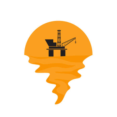 Vector of offshore oil platform on sea and sunset in background. Oil and gas company silhouette  illustration designのイラスト素材