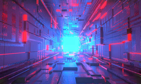 Abstract futuristic sci-fi background. Modern technology tunnel with neon light backdrop. 3D...