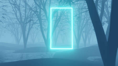 Glowing neon frame in forest. Fluorescent light portal in darkness for copy space. 3D rendering imageの写真素材