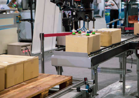 Industrial robot arm loading carton on conveyor in manufacturing production lineの写真素材