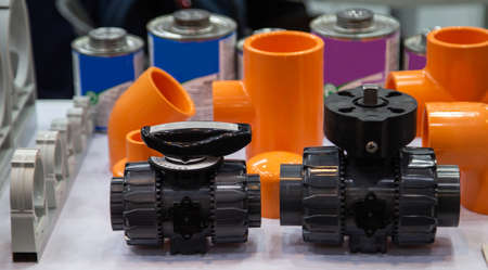 Plastic PVC valves, ball valve, pipe, fittings, pipe connector for household and industrial plumbingの写真素材