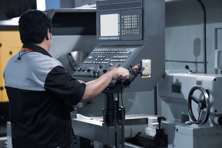 Industrial technician operating CNC lathing machine. Metalworking manufacturing factory