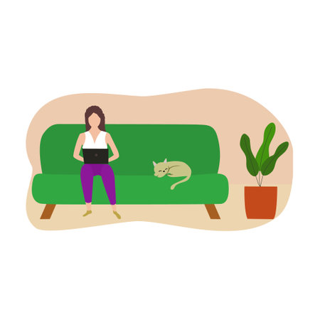 Freelancer woman working remotely with computer laptop at home. Vector and illustration design.のイラスト素材