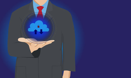 Cloud security technology concept. Businessman or information technologist with cloud computing icon...