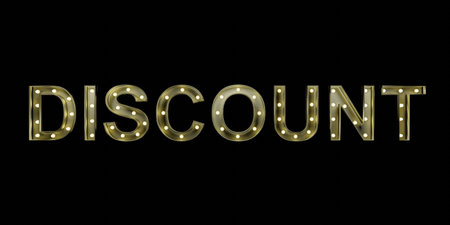 Vintage style DISCOUNT text sign. Retro banner template with light bulb glowing. 3D rendering image