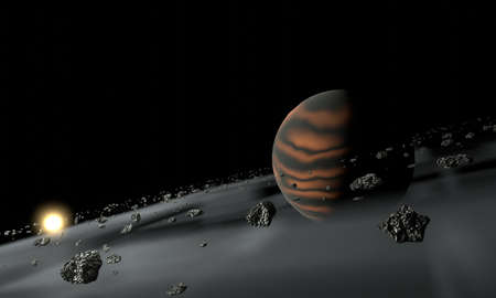 View of ring planet surrounded with rock and dust. Outer space background. 3D rendering imageの写真素材