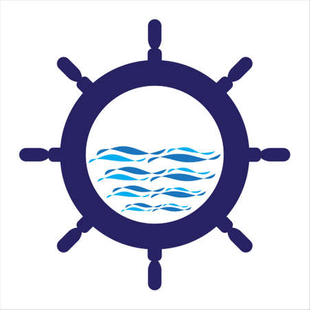 Nautical navy cruise sign. Ship steering wheel and wave vector  design.のイラスト素材