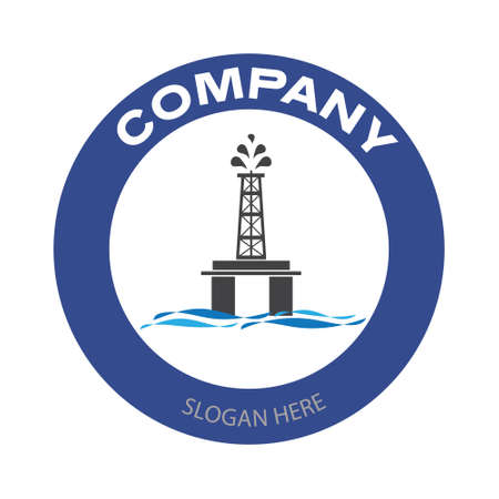 Drilling rig company logo. Offshore oil platform badge in circle. Oil and gas industry vector illustration designのイラスト素材