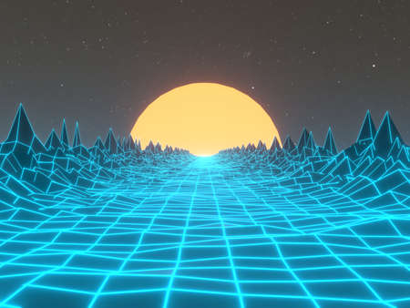 Digital 80s abstract background. Retro dance party background. Futuristic cyber landscape. 3D...
