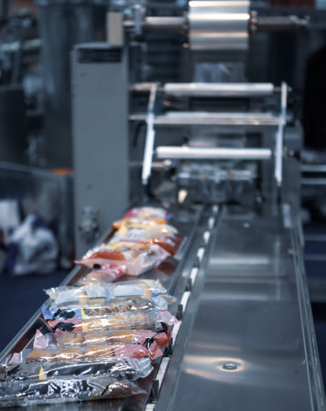 Automatic packing of bakery product flow pillow packing machine. Bread, toast, bun plastic wrapping...