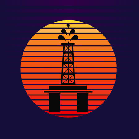 Vector of offshore oil platform on sunset background. Oil and gas company silhouette   illustration designのイラスト素材
