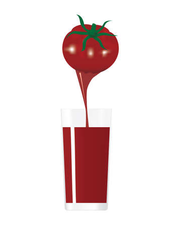 Fresh juicy red tomato isolated on white background. Tomato juice pouring into a glass. Vector illustration design.のイラスト素材