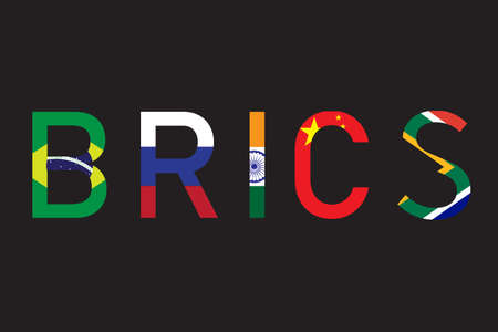BRICS - Association of 5 countries : Brazil, Russia, India, China and South Africa. Sign or symbol flag on black background . Vector illustration designのイラスト素材