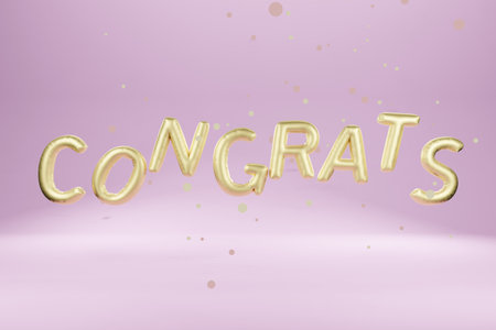 Celebration message CONGRATS greeting card. Golden balloon sparkling on pink background. 3D rendering image.の写真素材