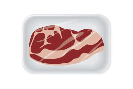 Top view of raw beef steak in vacuum plastic tray package. Fresh piece of sliced meat product. Vector and illustration designのイラスト素材