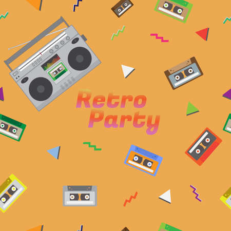 Seamless audio cassette tape and radio pattern. 1980s retro musical equipment technology background....
