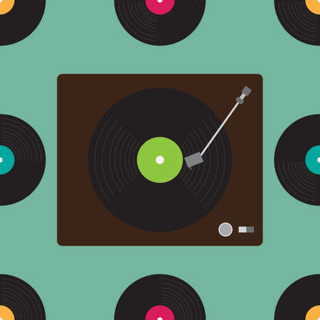 Seamless vinyl player and record pattern. Retro musical equipment technology background. Vector and illustration design.のイラスト素材